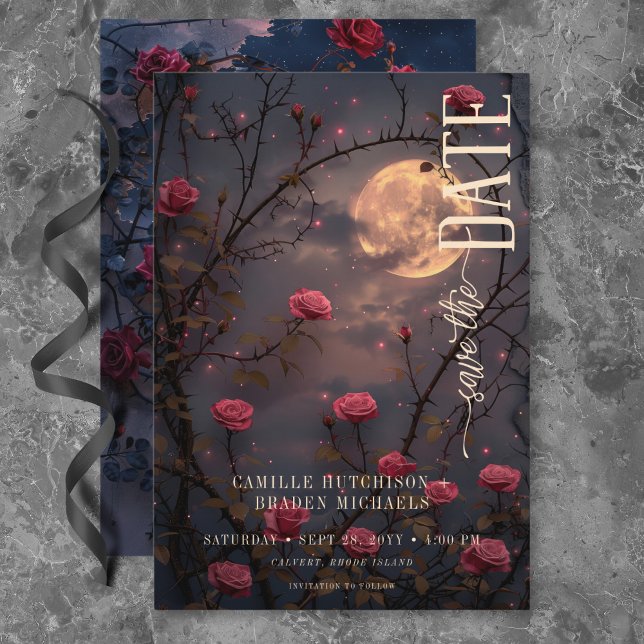 Reserva La Fecha Boda Black Moody Gothic Moon & Red Roses (Black Moody Gothic Moon & Red Roses Wedding Save The Date)