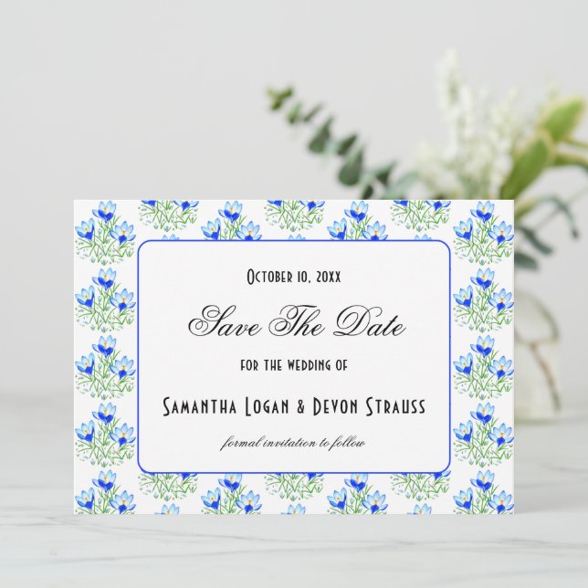 Reserva La Fecha Boda Blanca Crocus Azul (Anverso de pie)