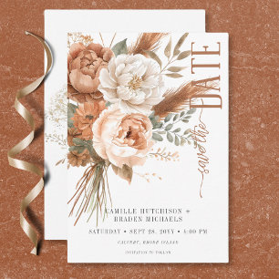 Reserva La Fecha Boda Blanca Floral Boho Terracotta Melocotón y Cre