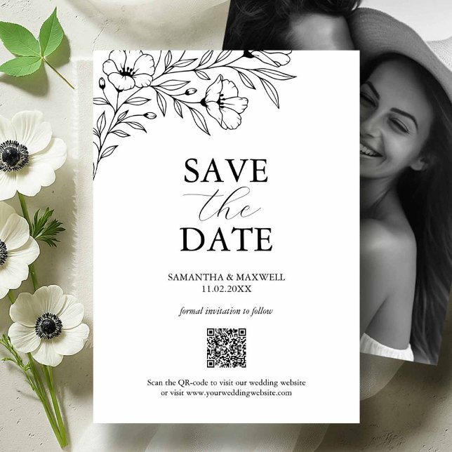 Reserva La Fecha Boda blanca y negra salva las fechas con foto (Black and white photo save the dates floral line art by Victoria Grigaliunas of Do Tell A Belle)