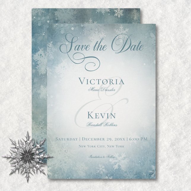 Reserva La Fecha Boda blanco y azul de nieve que cae románticamente (Romantic Falling Snow Blue & White Wedding Save The Date)