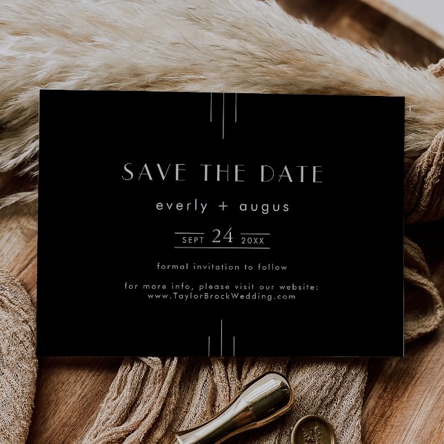 Reserva La Fecha BODA blanco y negro de estilo Art Deco (EVERLY Modern Art Deco Black and White Wedding Save The Date)