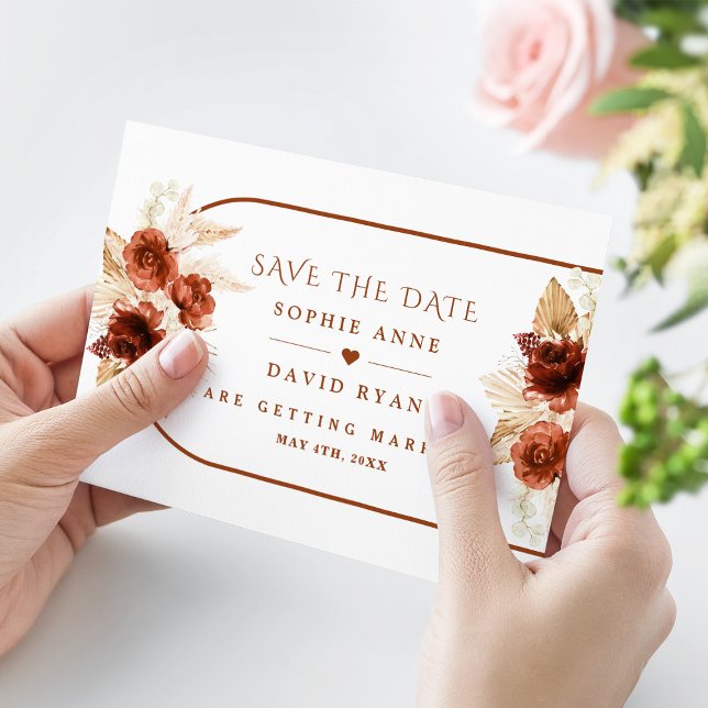 Reserva La Fecha Boda Boho Arch Pampas Grass Floral Terracotta (trendy terracotta thank you wedding card, elegant, modern)