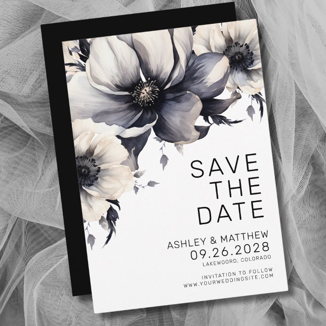 Reserva La Fecha Boda Boho Black Floral (Modern Boho Black White Floral Wedding Save The Date)
