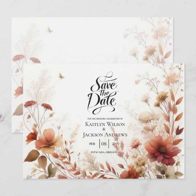 Reserva La Fecha Boda Boho Browns con Mariposas Florales (Anverso / Reverso)