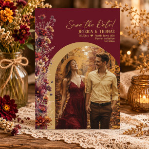 Reserva La Fecha Boda Boho Chic Burgundy Flores Silvestres Arco Fot