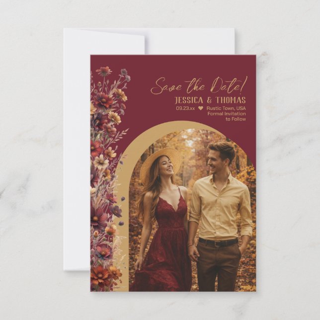 Reserva La Fecha Boda Boho Chic Burgundy Flores Silvestres Arco Fot (Anverso)