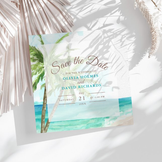 Reserva La Fecha Boda Boho Costera de Playa Guardar la Fecha (Boho Coastal Seaside Beach Wedding Save the Date on a sunny table with dry palm leaf.)