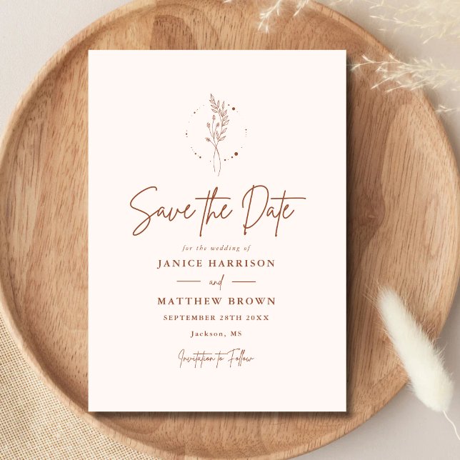 Reserva La Fecha Boda Boho de Terracota Mínima Naranja Quemada (Minimalist terracotta boho save the date sets a warm tone and shares your special day beautifully)