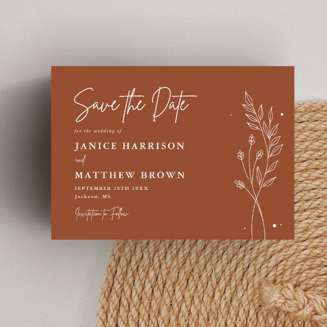 Reserva La Fecha Boda Boho de Terracota Mínima Naranja Quemada (Minimalist terracotta boho save the date sets the mood with warm charm and a personal touch)