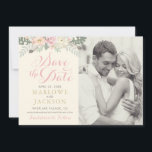 Reserva La Fecha Boda Boho Floral Rosa Marfil y Dorado<br><div class="desc">Este elegante diseño de boho para guardar la fecha de la boda cuenta con flores románticas de peonía, hojas botánicas y acentos rústicos de plumas de aves. Personalice con texto personalizado para su gran evento y con una foto de compromiso favorita. La paleta de colores suaves incluye tonos de rosa,...</div>