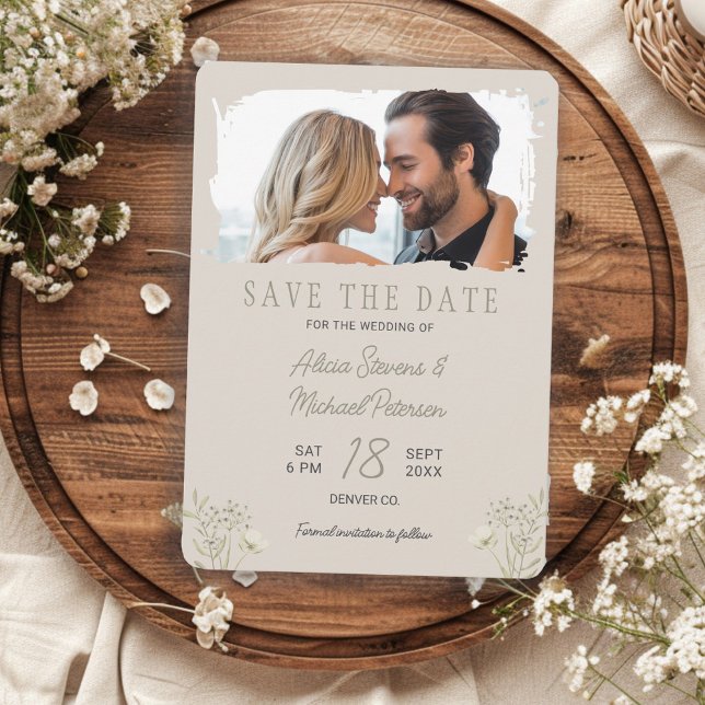 Reserva La Fecha Boda boho flores silvestres simple foto beige salv (Subido por el creador)
