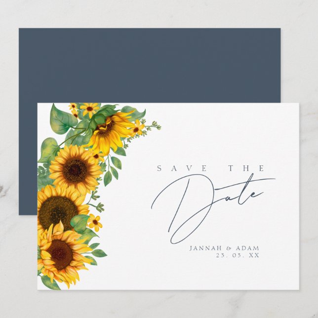 Reserva La Fecha Boda Boho Girasol Monograma Azul Pizarra (Anverso / Reverso)