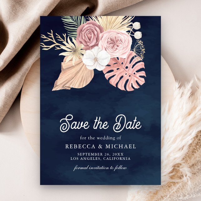 Reserva La Fecha Boda Boho Palma Rosas Rosa Polvo Azul Marino (Subido por el creador)