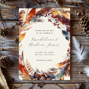Reserva La Fecha Boda boho plumas follaje de otoño caligrafía