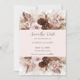 Reserva La Fecha Boda Boho Polvo Rosa Marrón Floral Hierba de Pampa