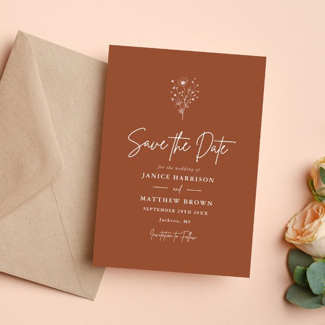 Reserva La Fecha Boda Boho Rústica de Naranja Quemada (Rustic burnt orange boho save the date announces your wedding with warm personalized charm)