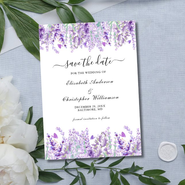 Reserva La Fecha Boda Botánica Elegante Floral de Lavanda (Lavender Greenery Boho Floral Botanical Wedding Save the Date)