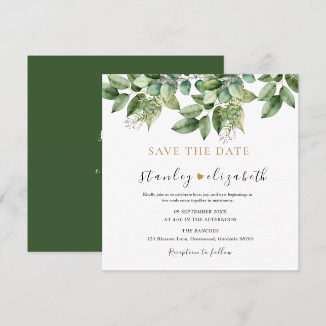 Reserva La Fecha Boda Botánica Rústica con Hojas Verdes y Doradas (Anverso / Reverso)