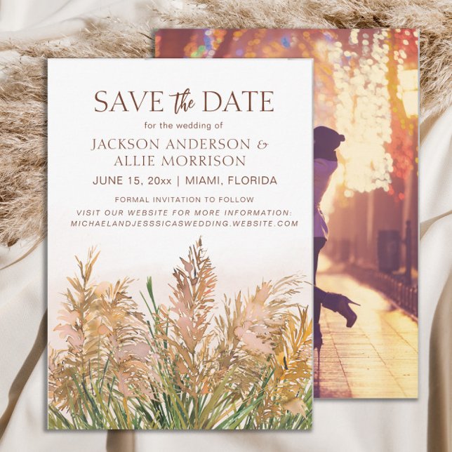 Reserva La Fecha Boda Botánica Rústica de Hierba de Pampas  (Rustic pampas grass wedding Save the Date photo card)
