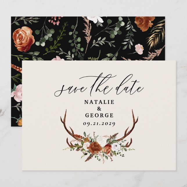 Reserva La Fecha Boda botánica rústica elegante y sombría (Anverso / Reverso)