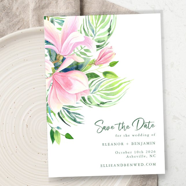 Reserva La Fecha Boda Botánica Tropical Magnolia Rosa Verde (Subido por el creador)