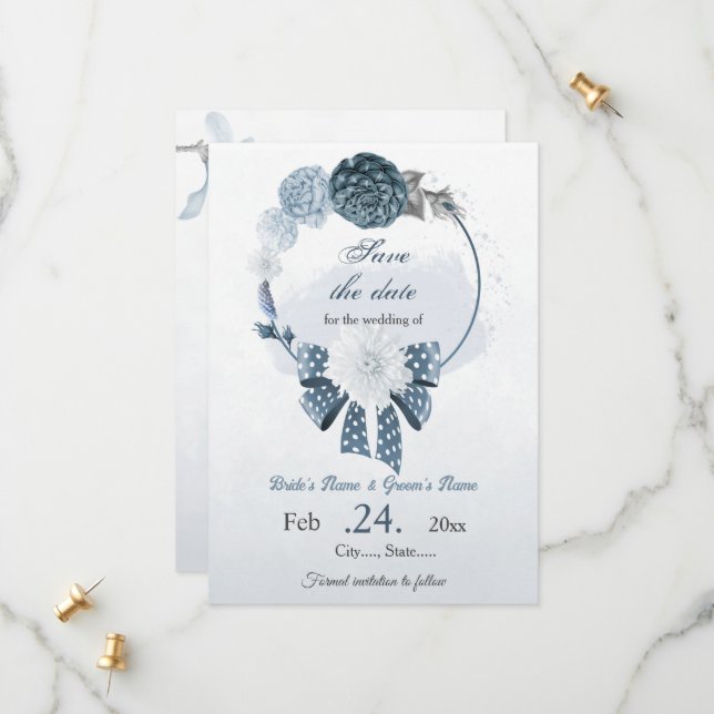 Reserva La Fecha boda botánico de flores azules polvorientas marina (Anverso/Reverso In Situ)