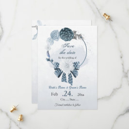 Reserva La Fecha boda botánico de flores azules polvorientas marina