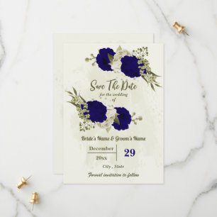 Reserva La Fecha Boda botánico de flores beige azules reales