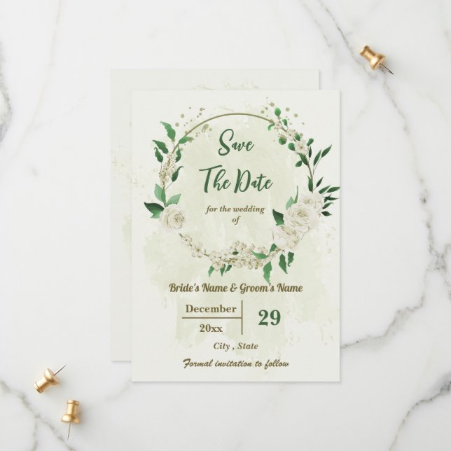 Reserva La Fecha boda botánico de flores blancas de marfil (Anverso/Reverso In Situ)