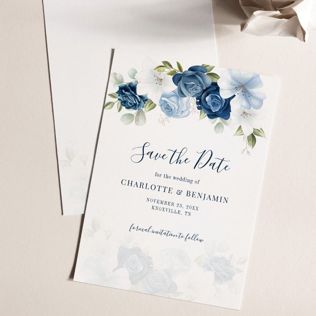 Reserva La Fecha Boda botánico de guion floral azul turbio (Dusty Blue Floral Wedding Save the Date Card)