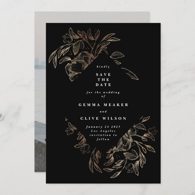 Reserva La Fecha Boda botánico de mano elegante y negra foto (Anverso / Reverso)