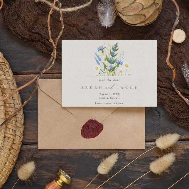 Reserva La Fecha Boda botánico de Summer Daisy Blue Floral (Subido por el creador)