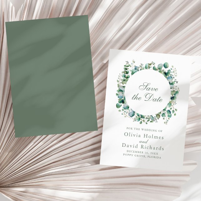 Reserva La Fecha Boda botánico Eucalyptus (Modern Greenery Eucalyptus Botanical Wedding Save The Date on a sunny neutral dry palm leaf.)