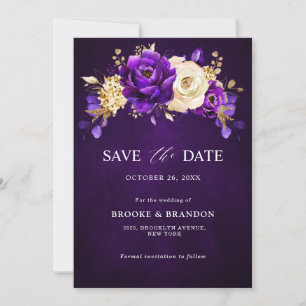 Reserva La Fecha Boda Botánico Royal Purple Violet Gold Floral