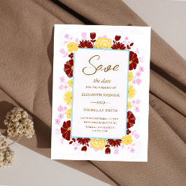 Reserva La Fecha boda burdeos rosa y amarilla floral elegante