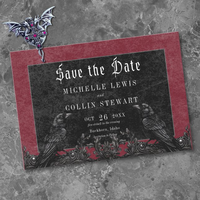 Reserva La Fecha Boda Burgundy de Cuervo Negro y Rosas Góticas (Gothic Black Raven & Roses Burgundy Wedding Save The Date)