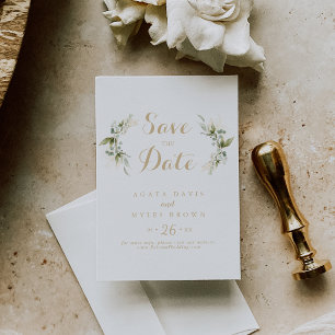 Reserva La Fecha Boda Caligrafía Dorada Eucalipto Verde Salvia
