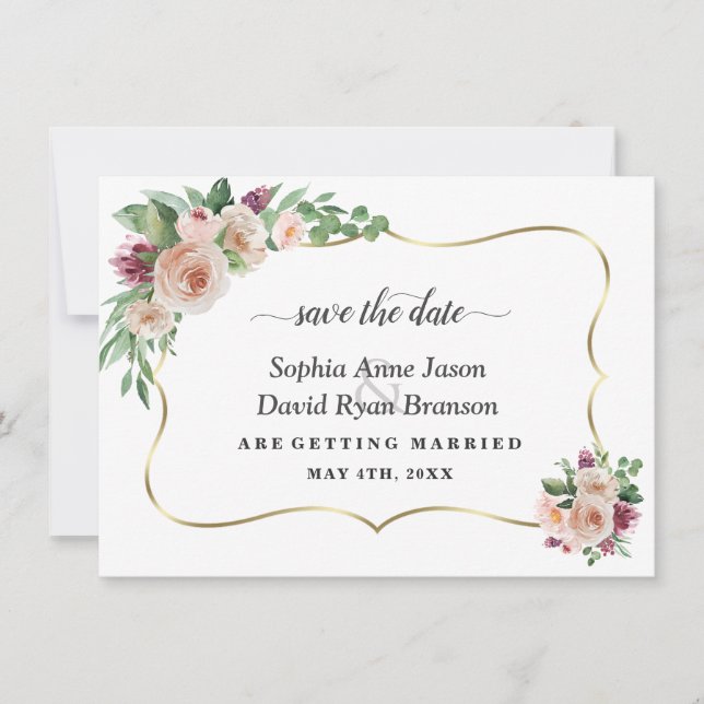 Reserva La Fecha Boda Caligrafía Flores Champán Rubor Encanto (Anverso)