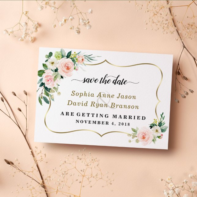 Reserva La Fecha Boda Caligrafía Flores Marfil Rubor Encantador (trendy save the date wedding, floral save the date wedding, elegant pink flowers save the date)