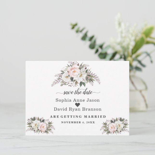 Reserva La Fecha Boda Caligrafía Flores Marfil Rubor Romántico  (Anverso de pie)