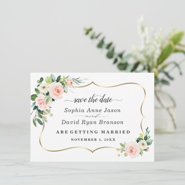Reserva La Fecha Boda Caligrafía Flores Marfil Rubor Romántico (Anverso de pie)