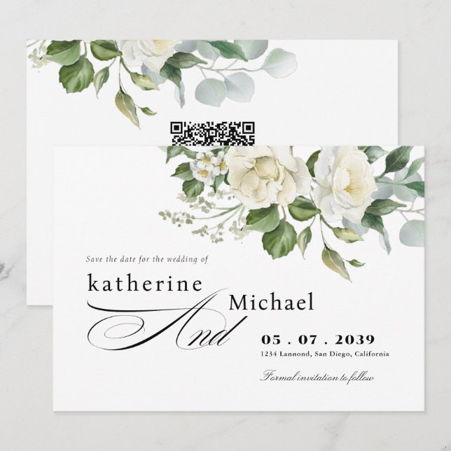 Reserva La Fecha Boda Caligrafía Script Eucalipto Floral Cremosa (Anverso / Reverso)