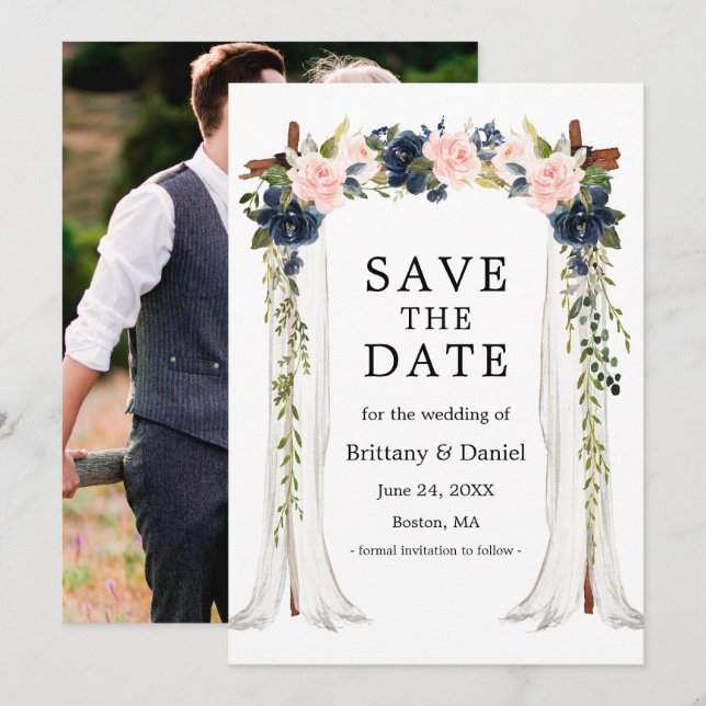 Reserva La Fecha Boda Canopy Photo Pink Dusty Blue Floral (Anverso / Reverso)