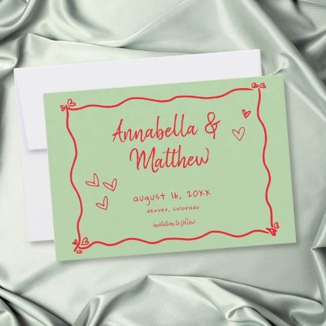 Reserva La Fecha Boda caprichosa corazón dibujado a mano verde rojo (Green Red Hand Drawn Heart Whimsical Wedding Save The Date)