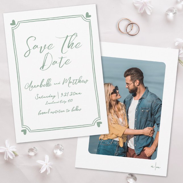 Reserva La Fecha Boda caprichoso verde de la mano dibujado (Hand Drawn Photo Green Whimsical Wedding Save the Date)