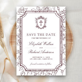 Reserva La Fecha Boda Católica Victoriana de Blanco y Burdeos