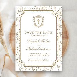 Reserva La Fecha Boda católica victoriana en blanco y dorado