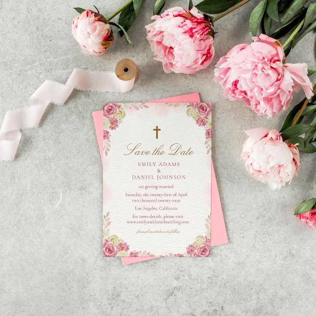 Reserva La Fecha Boda católico-floral rosada tradicional (Subido por el creador)