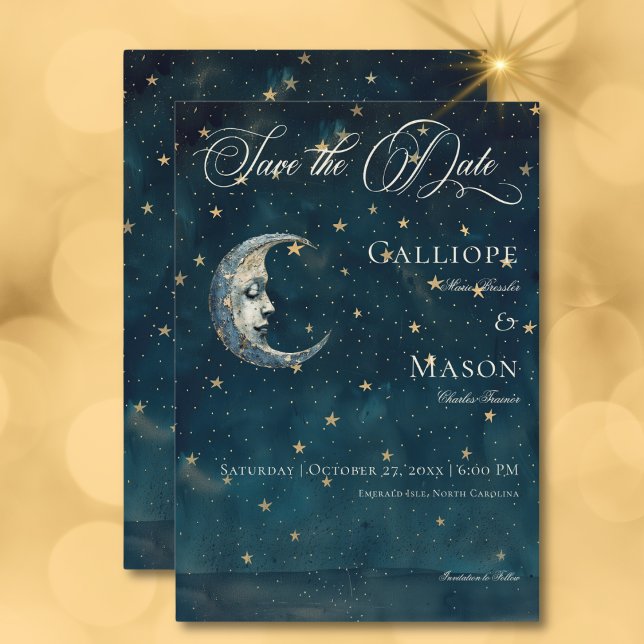 Reserva La Fecha Boda Celestial de la luna azul de media noche (Celestial Midnight Blue Crescent Moon Wedding Save The Date Card)